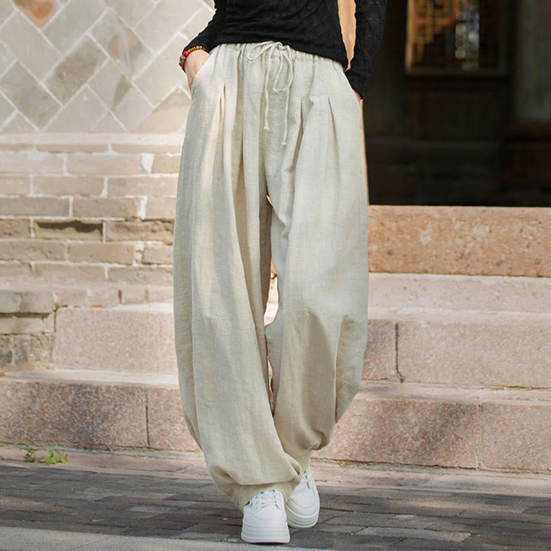 Nimara Ritual Casual Plain Loose Waist Tie Rope Women's Ramie Cotton Pants With Pockets