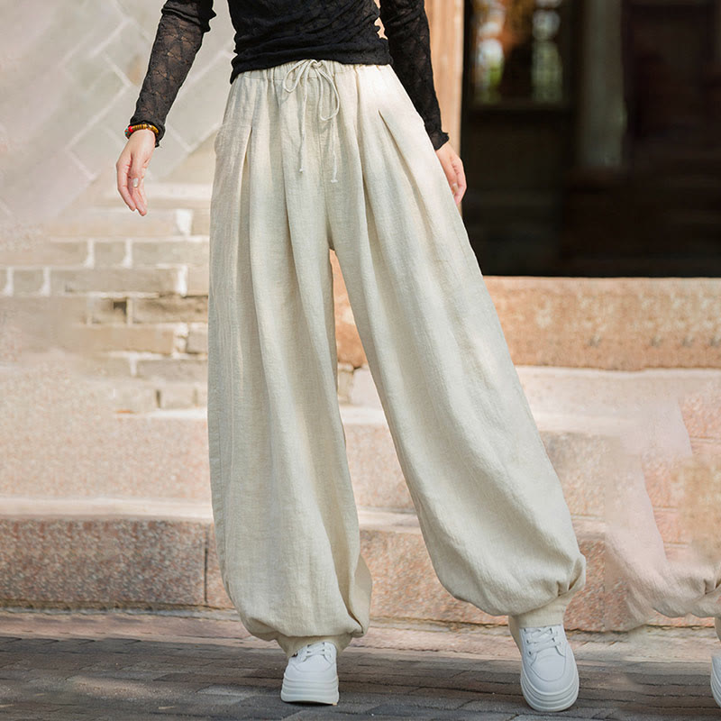 Nimara Ritual Casual Plain Loose Waist Tie Rope Women's Ramie Cotton Pants With Pockets
