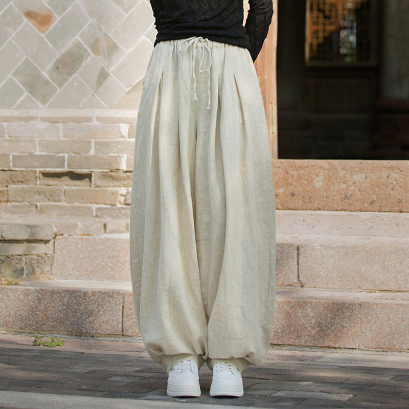 Nimara Ritual Casual Plain Loose Waist Tie Rope Women's Ramie Cotton Pants With Pockets