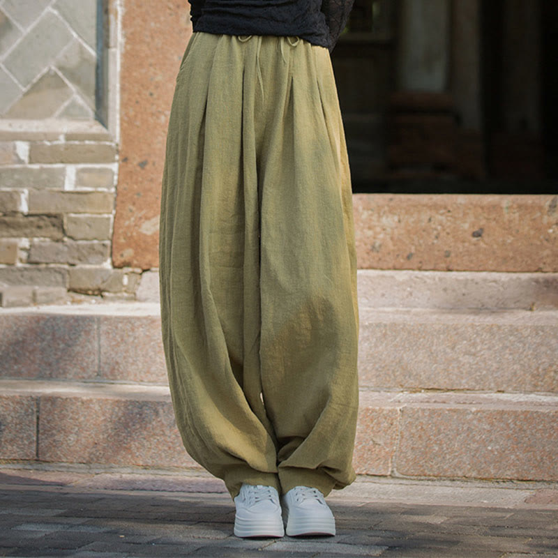 Nimara Ritual Casual Plain Loose Waist Tie Rope Women's Ramie Cotton Pants With Pockets