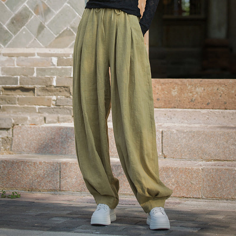 Nimara Ritual Casual Plain Loose Waist Tie Rope Women's Ramie Cotton Pants With Pockets