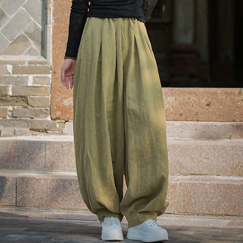 Nimara Ritual Casual Plain Loose Waist Tie Rope Women's Ramie Cotton Pants With Pockets