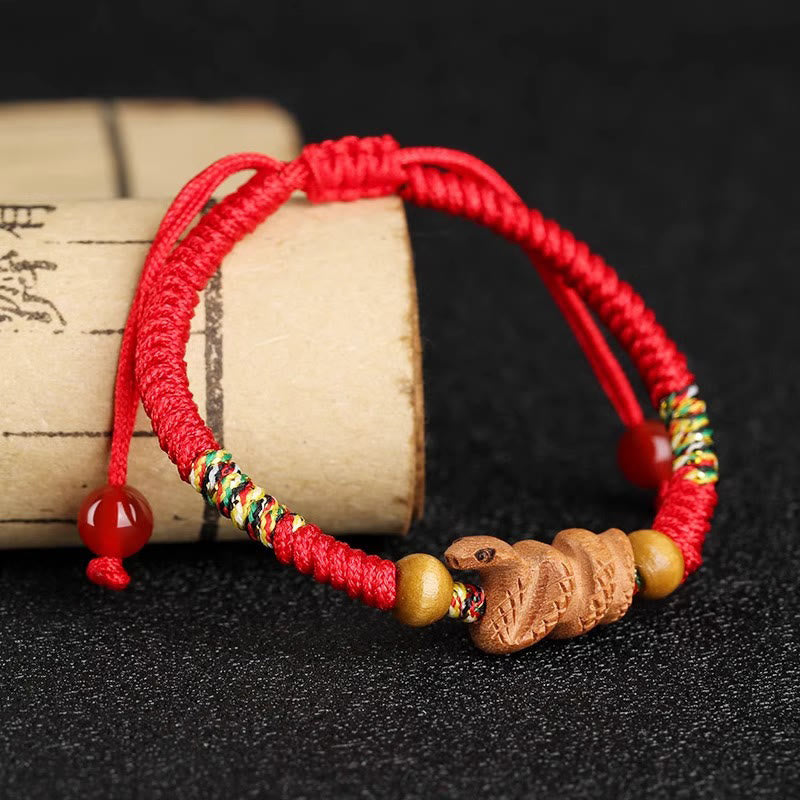 Nimara Ritual Handmade Chinese Zodiac Red String Peach Wood Luck Bracelet