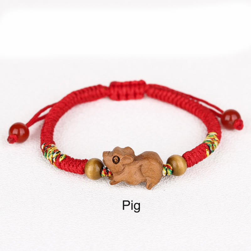 Nimara Ritual Handmade Chinese Zodiac Red String Peach Wood Luck Bracelet