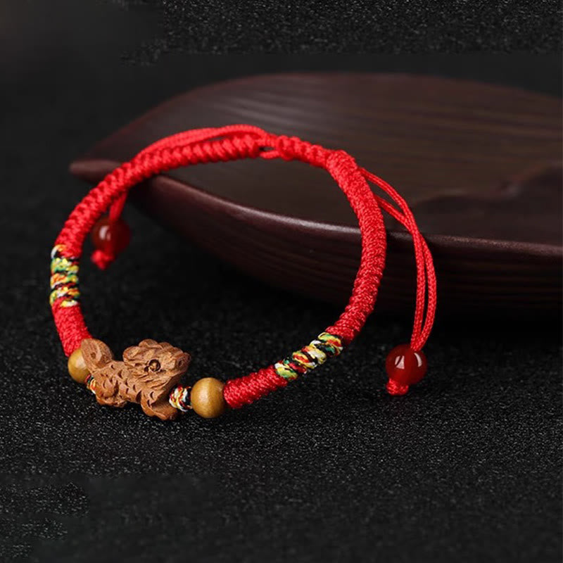 Nimara Ritual Handmade Chinese Zodiac Red String Peach Wood Luck Bracelet