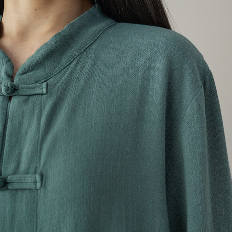 Nimara Ritual Solid Color Frog-button Long Sleeve Cotton Linen Women's Shirts With Pockets