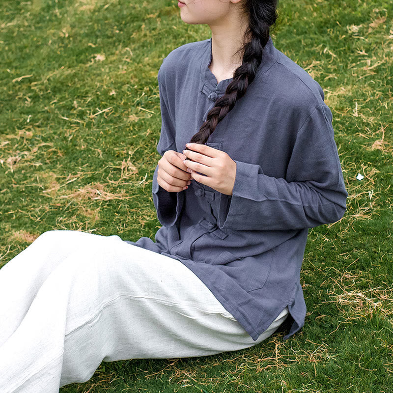 Nimara Ritual Solid Color Frog-button Long Sleeve Cotton Linen Women's Shirts With Pockets