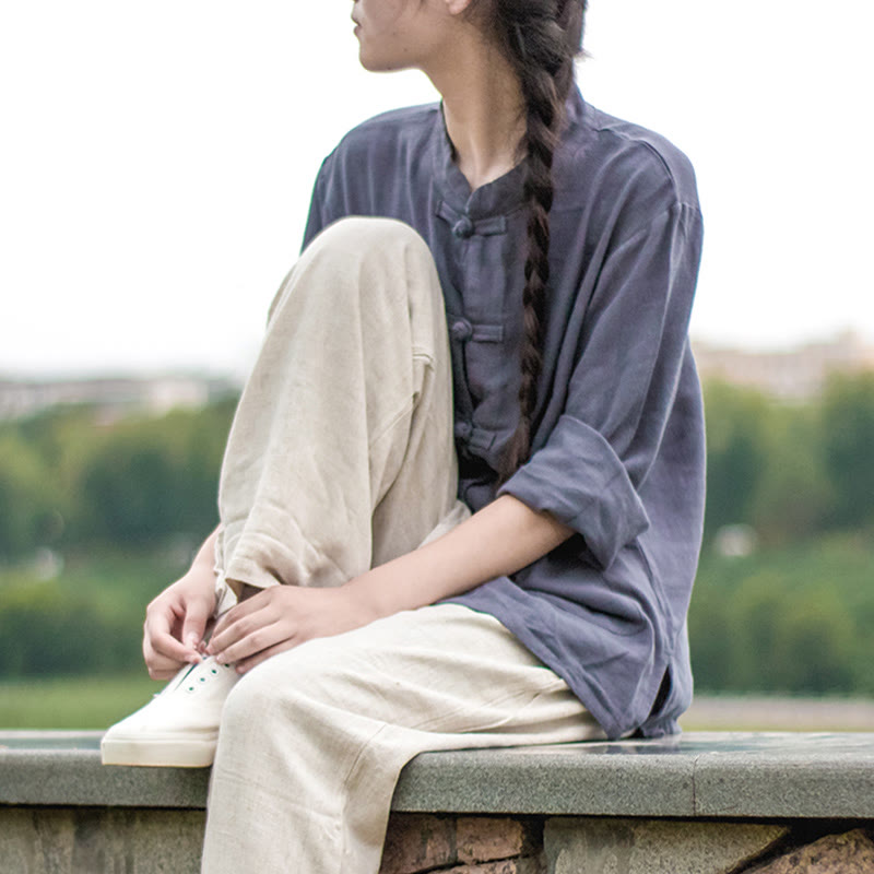 Nimara Ritual Solid Color Frog-button Long Sleeve Cotton Linen Women's Shirts With Pockets