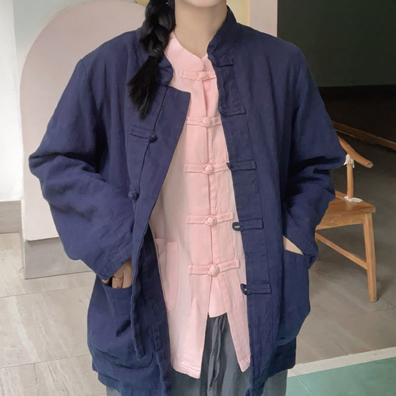 Nimara Ritual Solid Color Frog-button Long Sleeve Cotton Linen Women's Shirts With Pockets