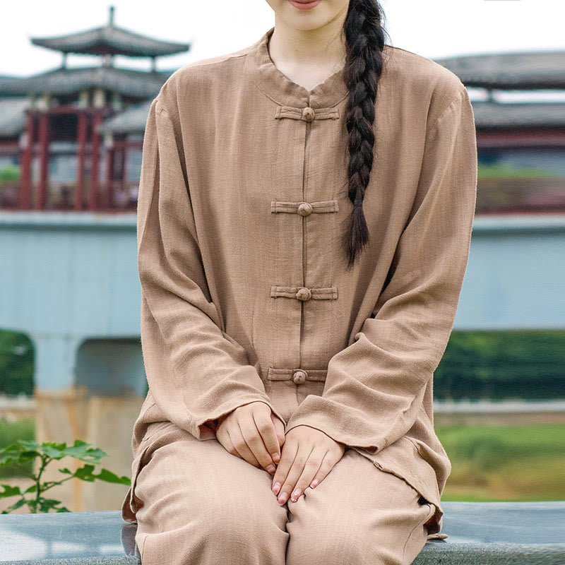 Nimara Ritual Solid Color Frog-button Long Sleeve Cotton Linen Women's Shirts With Pockets