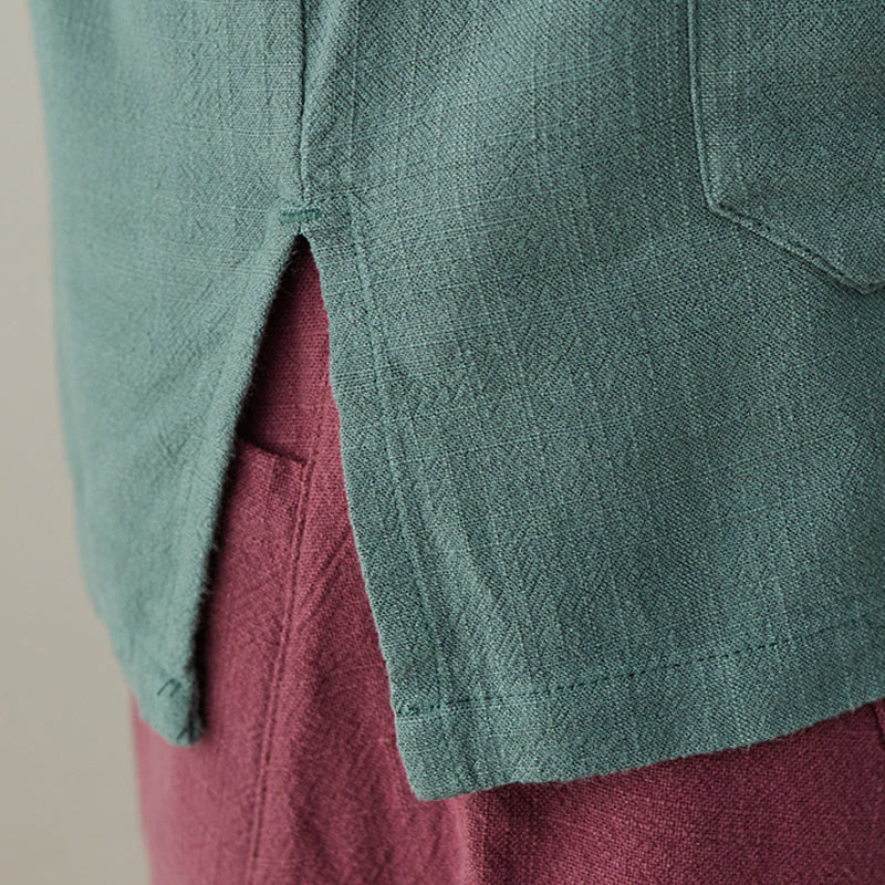 Nimara Ritual Solid Color Frog-button Long Sleeve Cotton Linen Women's Shirts With Pockets