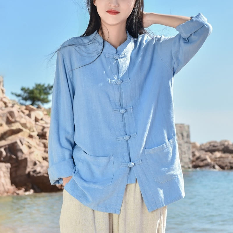 Nimara Ritual Solid Color Frog-button Long Sleeve Cotton Linen Women's Shirts With Pockets
