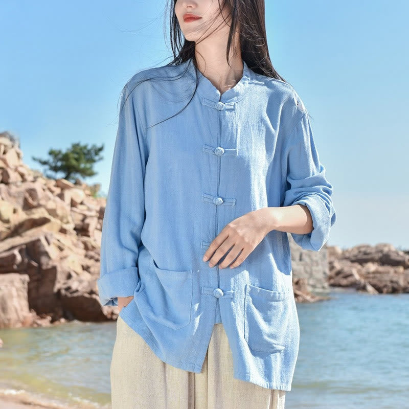 Nimara Ritual Solid Color Frog-button Long Sleeve Cotton Linen Women's Shirts With Pockets