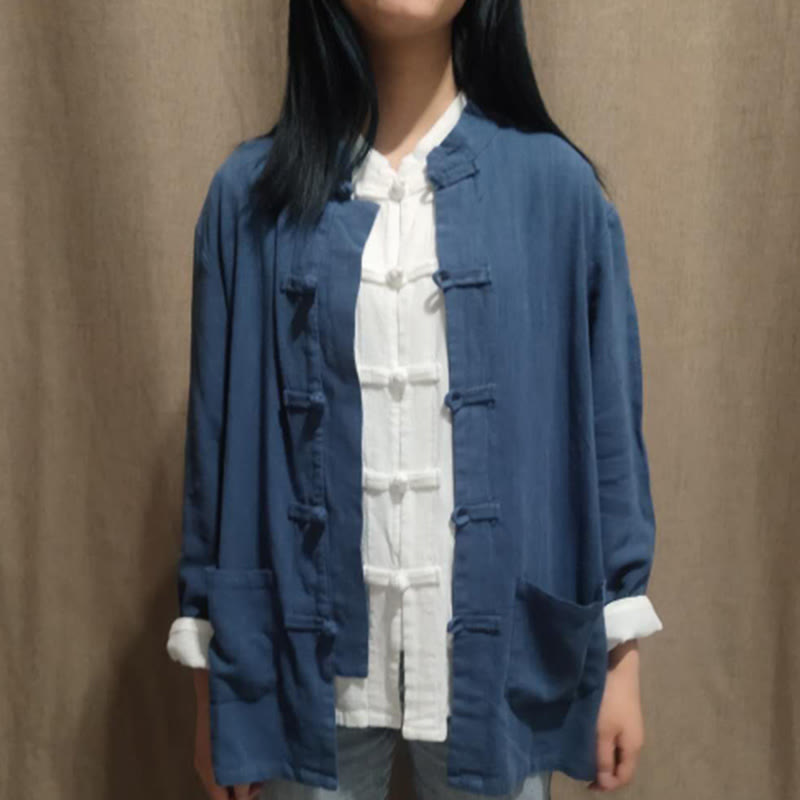 Nimara Ritual Solid Color Frog-button Long Sleeve Cotton Linen Women's Shirts With Pockets