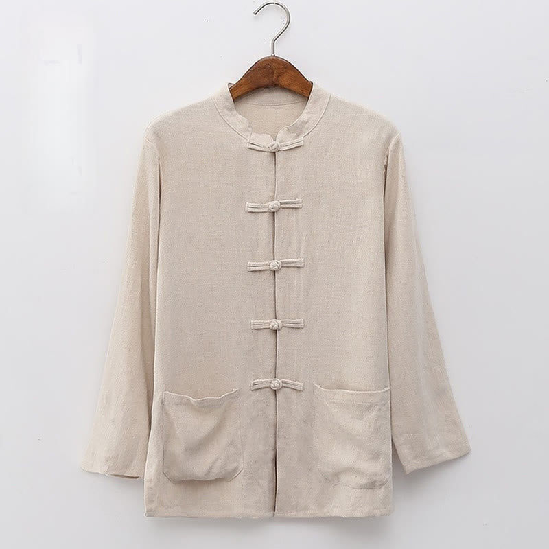 Nimara Ritual Solid Color Frog-button Long Sleeve Cotton Linen Women's Shirts With Pockets