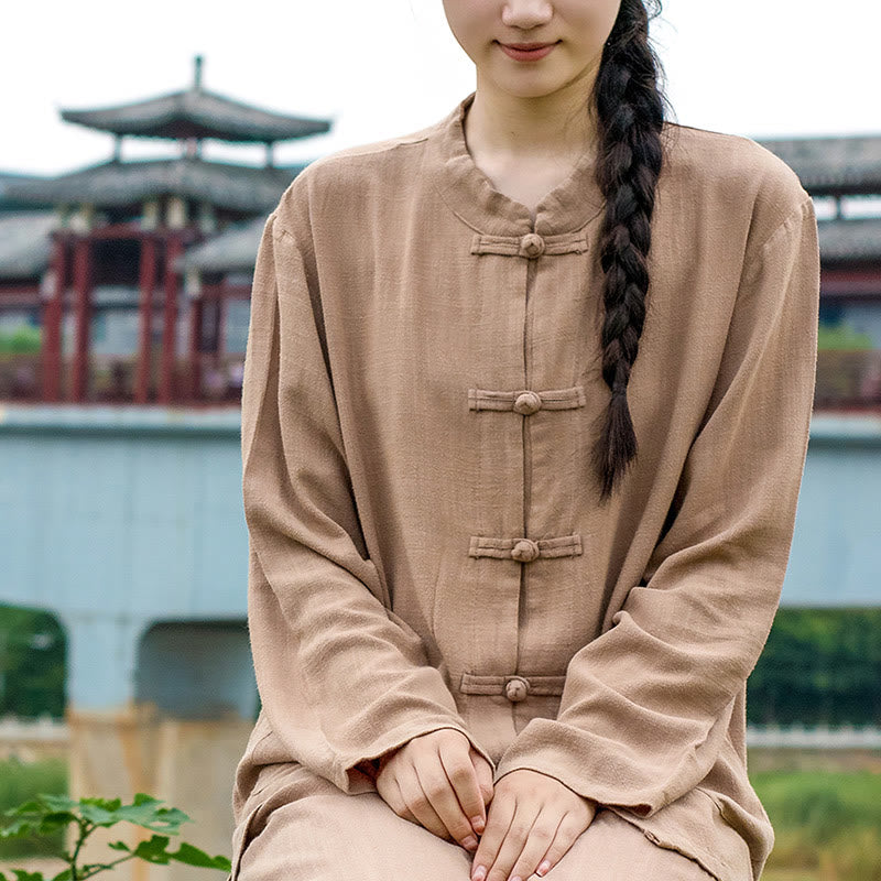 Nimara Ritual Solid Color Frog-button Long Sleeve Cotton Linen Women's Shirts With Pockets