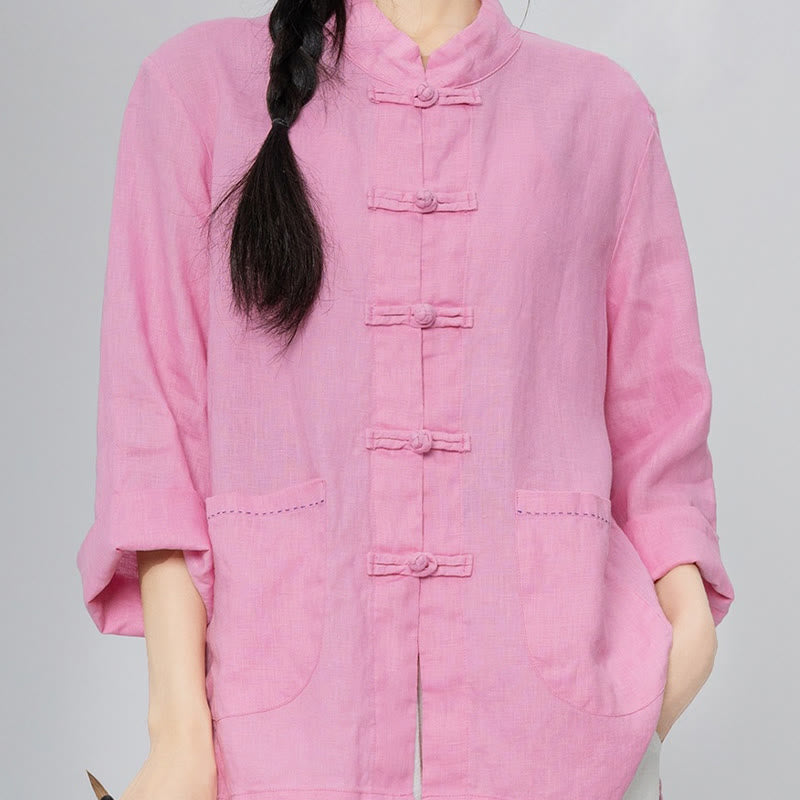 Nimara Ritual Solid Color Frog-button Long Sleeve Linen Women's Shirts With Pockets