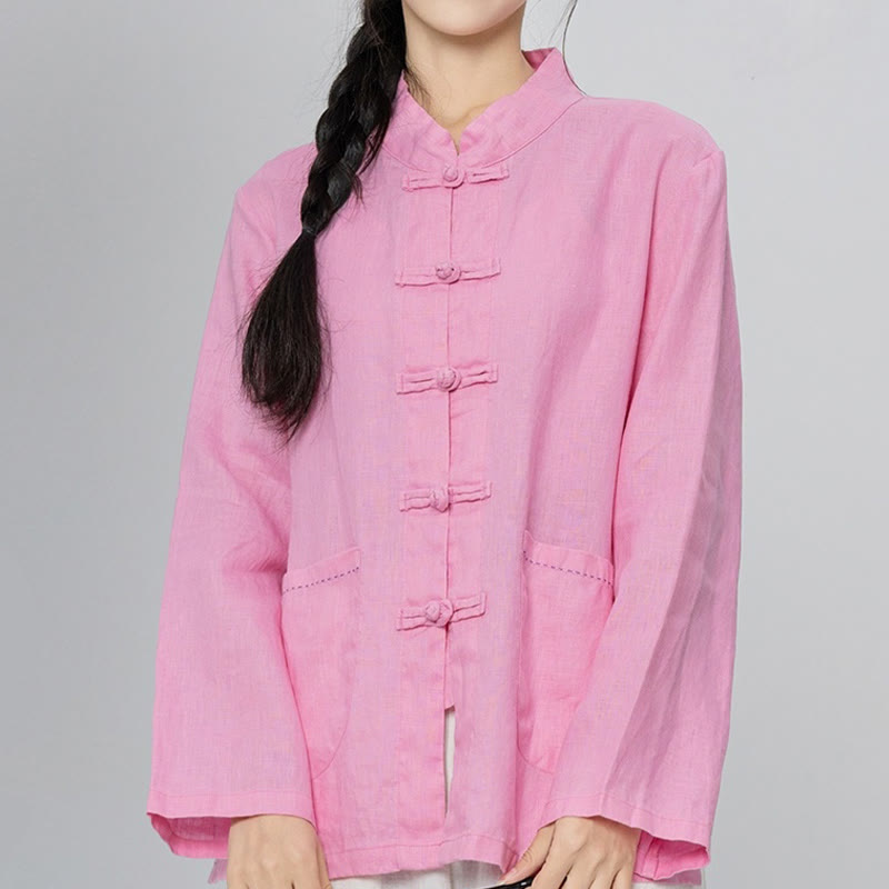Nimara Ritual Solid Color Frog-button Long Sleeve Linen Women's Shirts With Pockets
