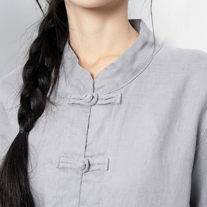 Nimara Ritual Solid Color Frog-button Long Sleeve Linen Women's Shirts With Pockets