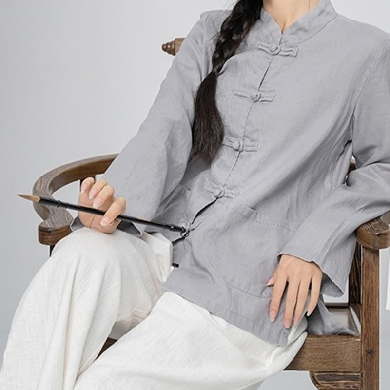 Nimara Ritual Solid Color Frog-button Long Sleeve Linen Women's Shirts With Pockets