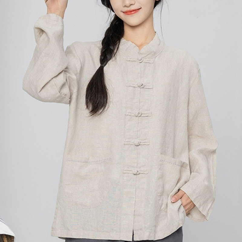 Nimara Ritual Solid Color Frog-button Long Sleeve Linen Women's Shirts With Pockets