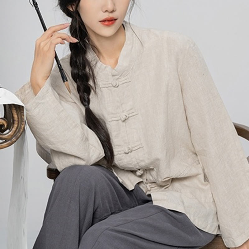 Nimara Ritual Solid Color Frog-button Long Sleeve Linen Women's Shirts With Pockets