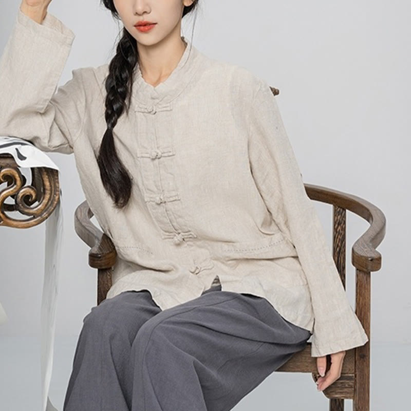 Nimara Ritual Solid Color Frog-button Long Sleeve Linen Women's Shirts With Pockets