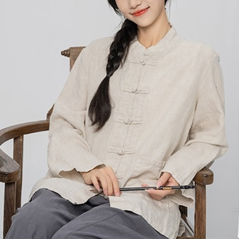 Nimara Ritual Solid Color Frog-button Long Sleeve Linen Women's Shirts With Pockets