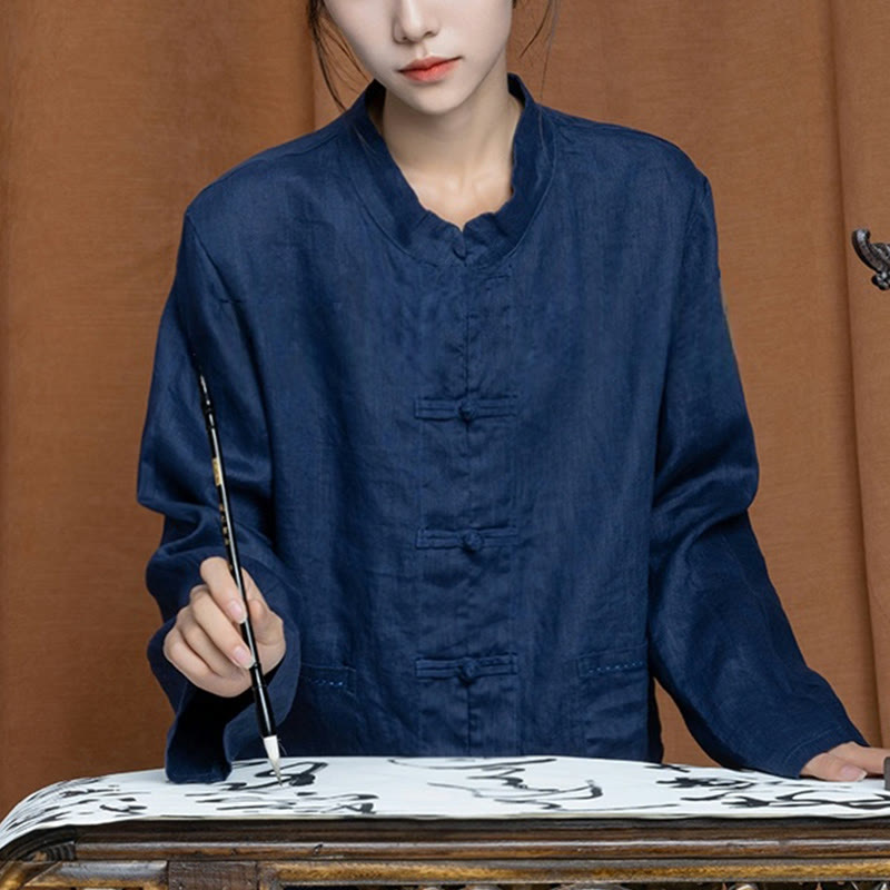 Nimara Ritual Solid Color Frog-button Long Sleeve Linen Women's Shirts With Pockets