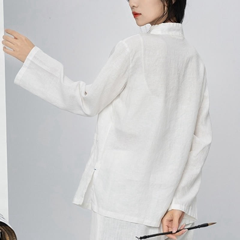 Nimara Ritual Solid Color Frog-button Long Sleeve Linen Women's Shirts With Pockets