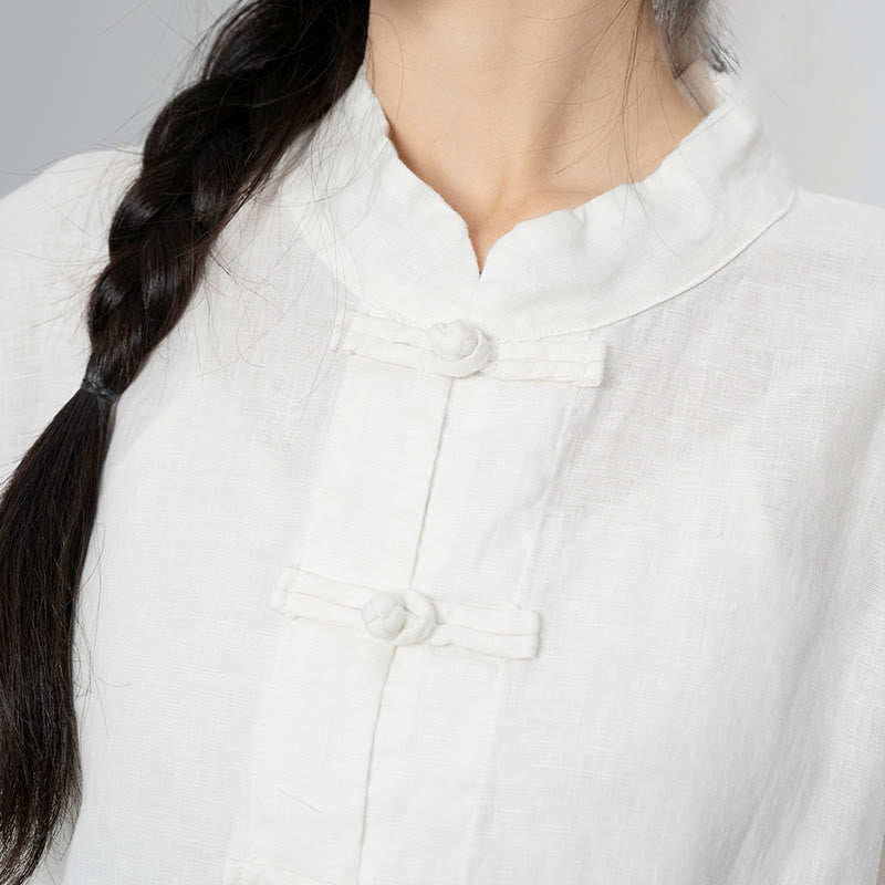 Nimara Ritual Solid Color Frog-button Long Sleeve Linen Women's Shirts With Pockets