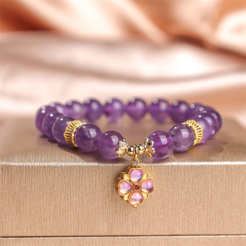 Nimara Ritual Natural Amethyst Four Leaf Clover Charm Communication Bracelet