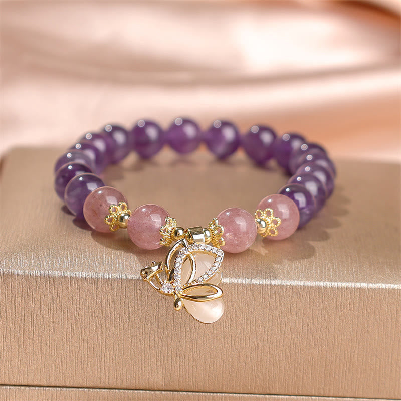 Nimara Ritual Natural Amethyst Strawberry Quartz Crystal Healing Butterfly Charm Bracelet