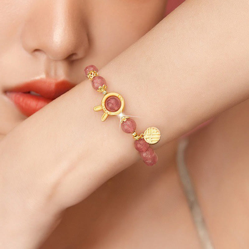 Nimara Ritual Natural Strawberry Quartz Rabbit Fu Character Charm Love Bracelet