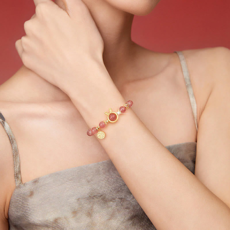 Nimara Ritual Natural Strawberry Quartz Rabbit Fu Character Charm Love Bracelet