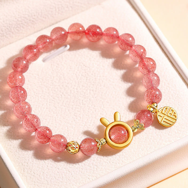 Nimara Ritual Natural Strawberry Quartz Rabbit Fu Character Charm Love Bracelet