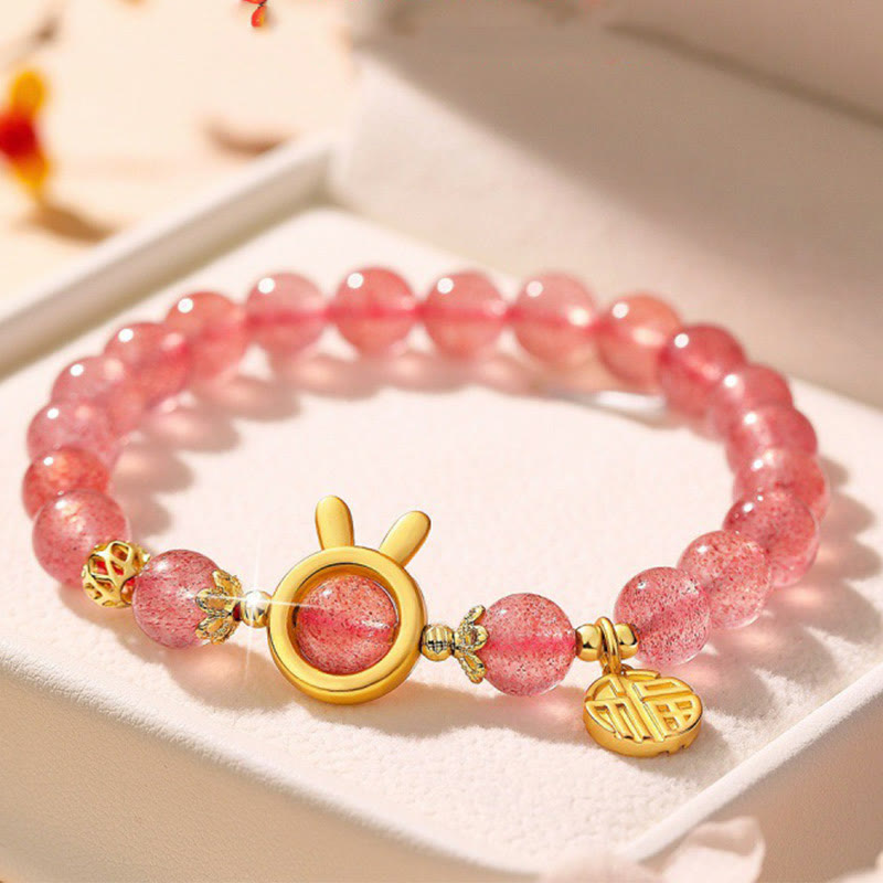 Nimara Ritual Natural Strawberry Quartz Rabbit Fu Character Charm Love Bracelet