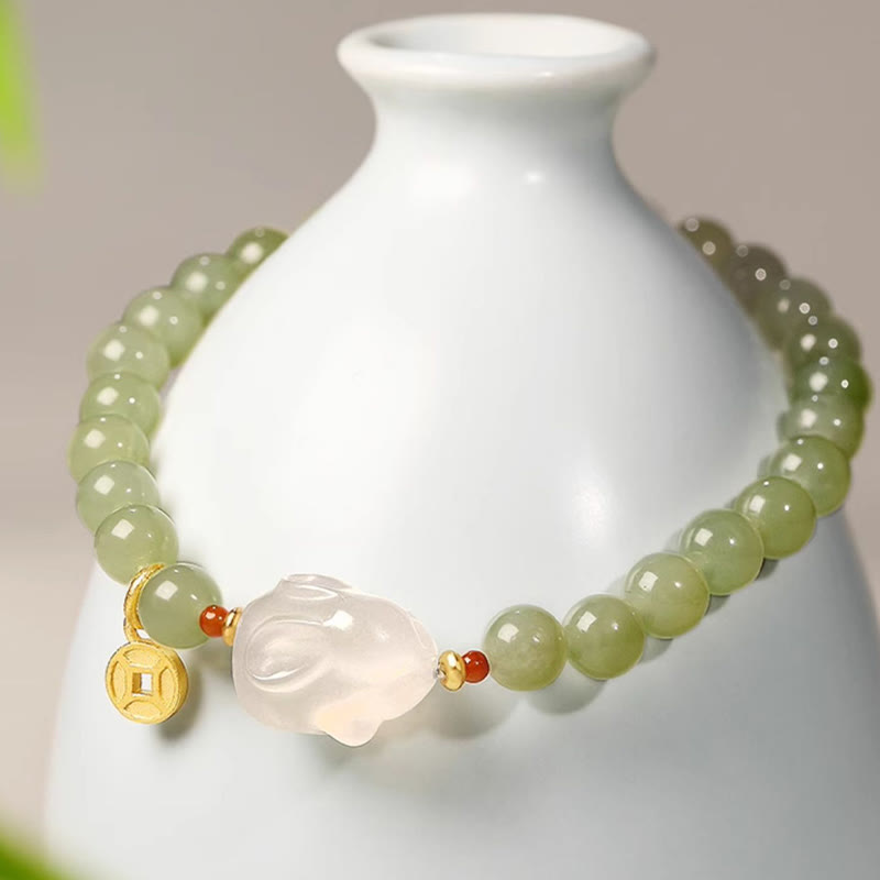 Nimara Ritual Natural Hetian Jade Agate Rabbit Copper Coin Luck Bracelet