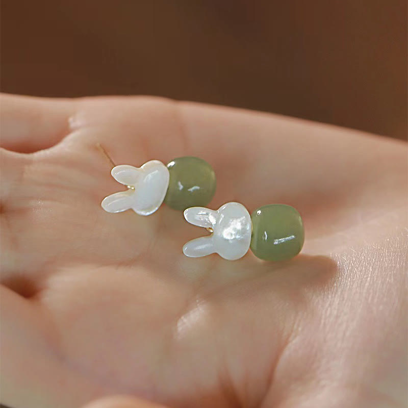 Nimara Ritual Tridacna Stone Cute Rabbit Hetian Jade Luck Earrings