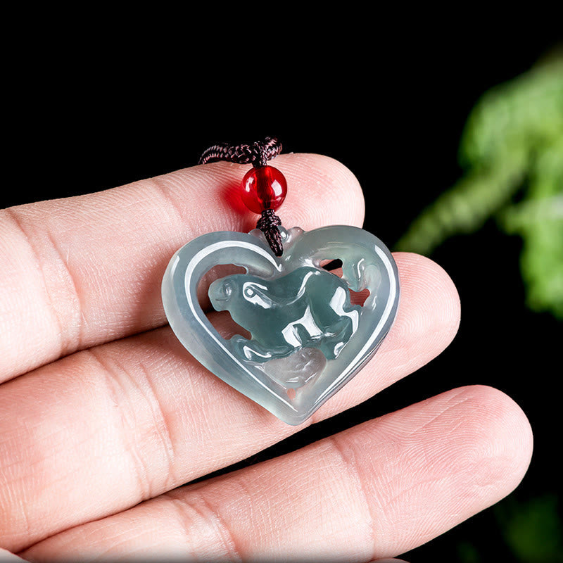 Nimara Ritual Natural Jade Love Heart Rabbit Luck Necklace Pendant