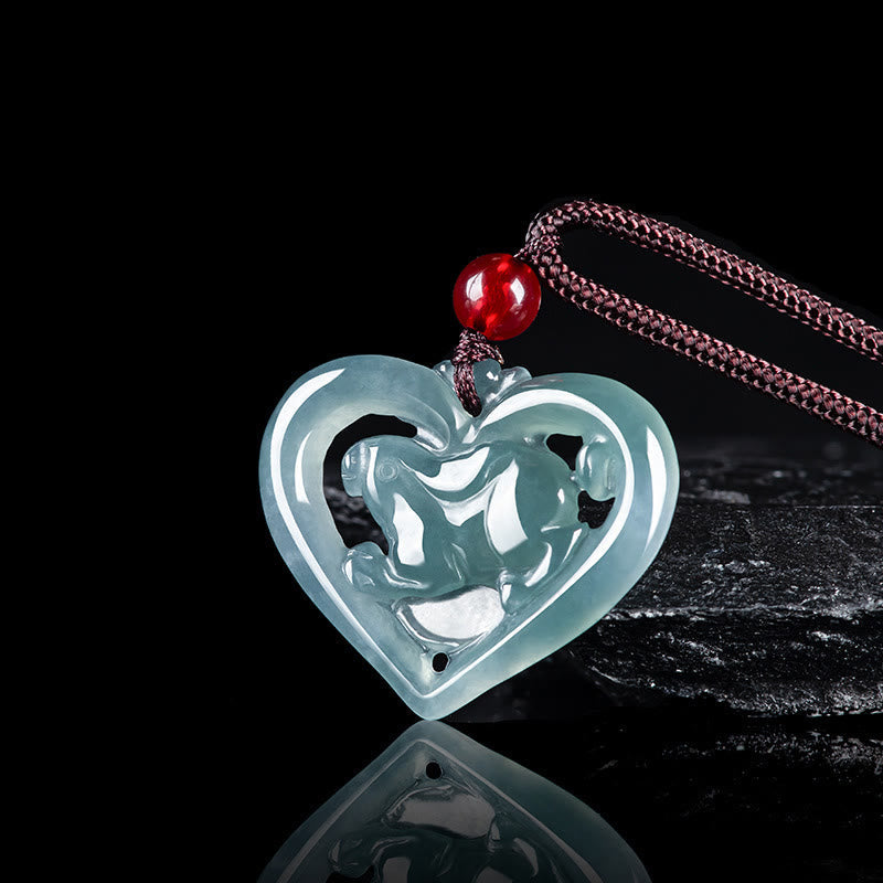 Nimara Ritual Natural Jade Love Heart Rabbit Luck Necklace Pendant