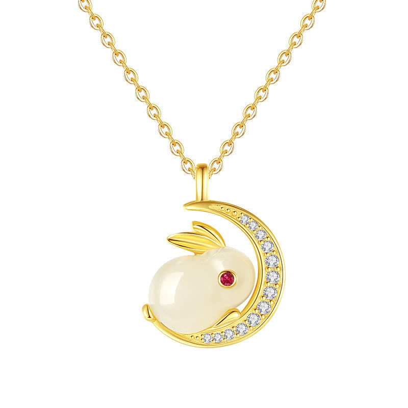 Nimara Ritual 925 Sterling Silver Hetian White Jade Rabbit Crescent Moon Luck Necklace Pendant
