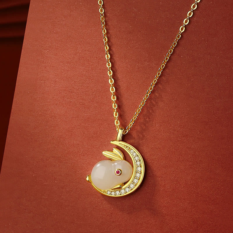 Nimara Ritual 925 Sterling Silver Hetian White Jade Rabbit Crescent Moon Luck Necklace Pendant
