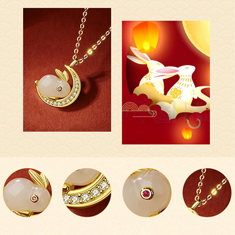 Nimara Ritual 925 Sterling Silver Hetian White Jade Rabbit Crescent Moon Luck Necklace Pendant