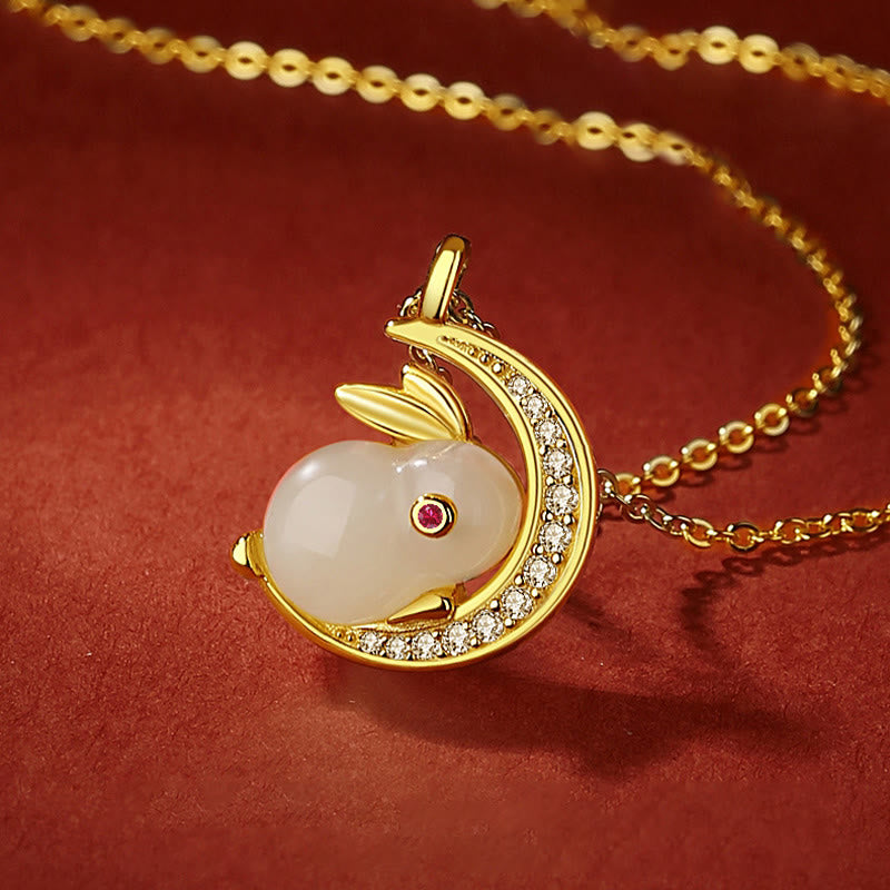 Nimara Ritual 925 Sterling Silver Hetian White Jade Rabbit Crescent Moon Luck Necklace Pendant