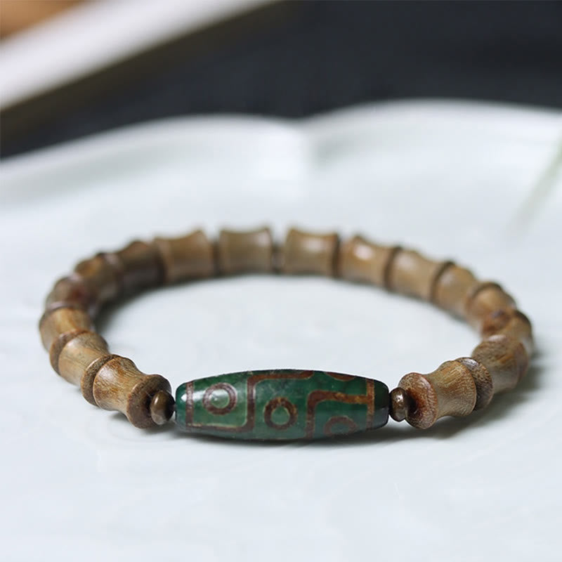 Nimara Ritual Tibetan Nine-Eye Dzi Bead Green Sandalwood Peace Bracelet