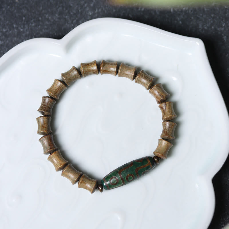 Nimara Ritual Tibetan Nine-Eye Dzi Bead Green Sandalwood Peace Bracelet