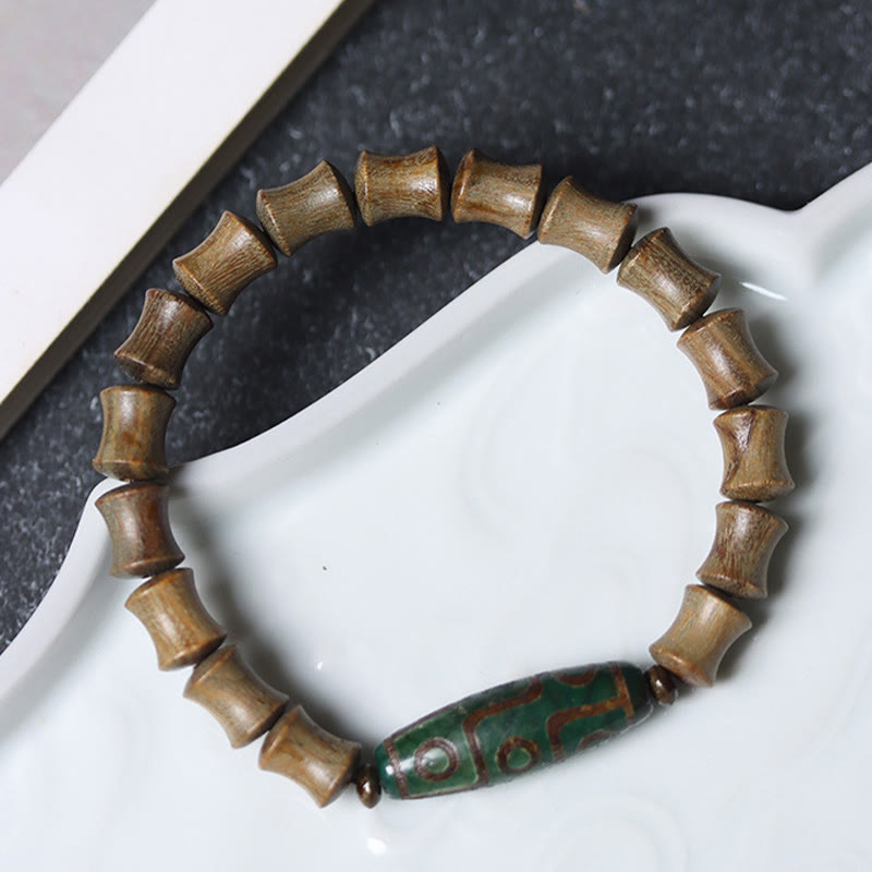 Nimara Ritual Tibetan Nine-Eye Dzi Bead Green Sandalwood Peace Bracelet