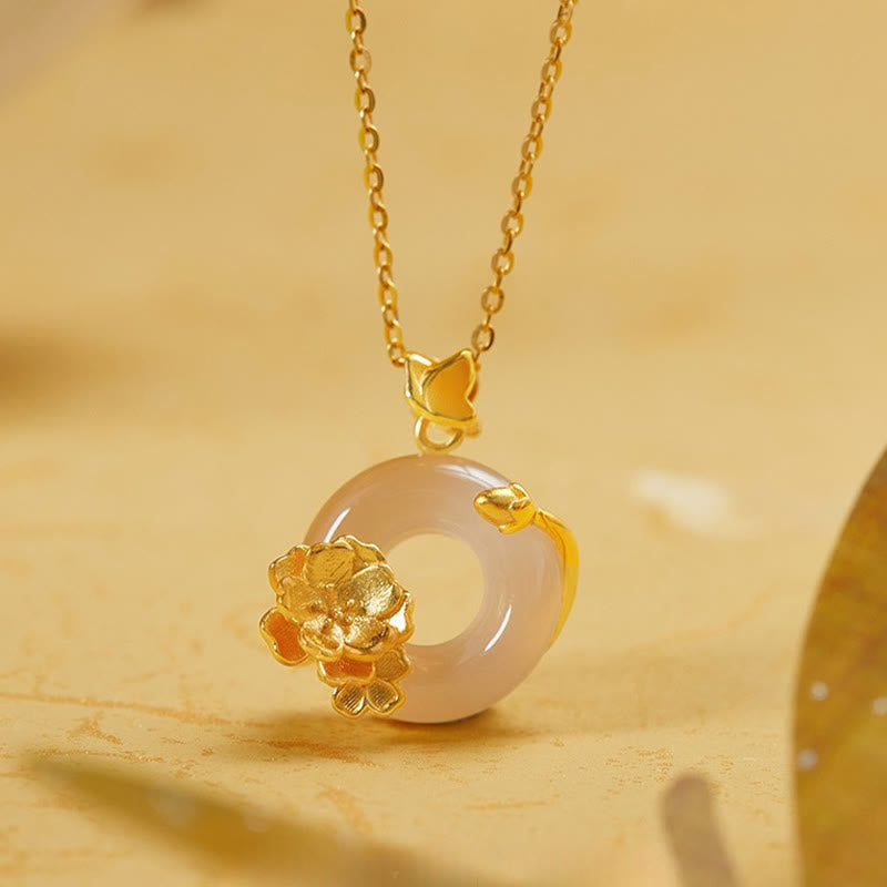 Nimara Ritual Natural 925 Sterling Silver White Chalcedony Peace Buckle Peach Blossom Butterfly Positive Necklace Pendant
