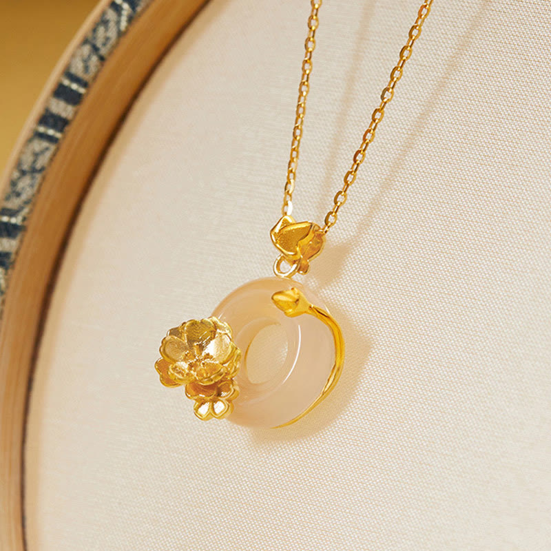 Nimara Ritual Natural 925 Sterling Silver White Chalcedony Peace Buckle Peach Blossom Butterfly Positive Necklace Pendant